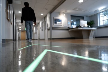 A person walks through a modern hallway with glowing green directional lines on the floor, set in a well-lit environment, showcasing contemporary architecture.