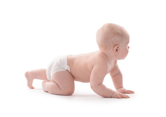 Cute little baby crawling on white background