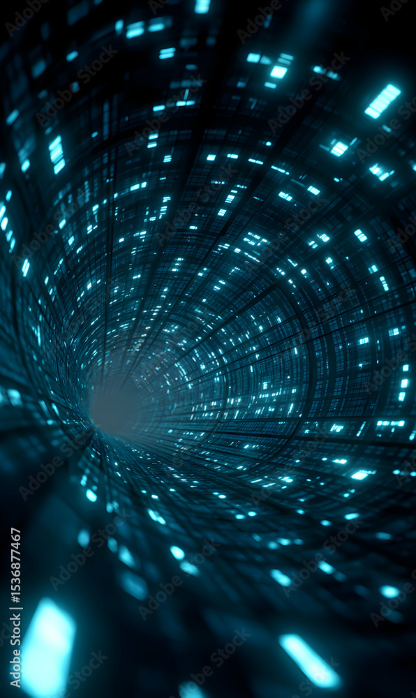 Poster futuristic hyperspace tunnel with glowing digital lights effect perfect for abstract backgrounds and