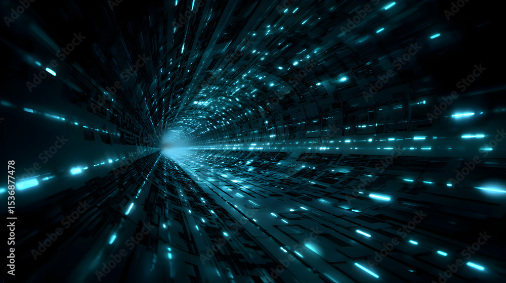Poster digital tunnel with glowing lights creates a sense of speed and a journey through technology