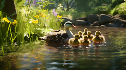 mother swan and baby ducks