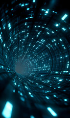 Futuristic hyperspace tunnel with glowing digital lights effect perfect for abstract backgrounds and space travel concepts