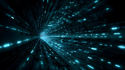 Digital tunnel with glowing lights creates a sense of speed and a journey through technology