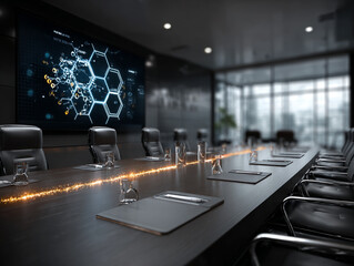Biotech technology and molecular biology concepts are displayed on screen in modern conference room with dna research visuals
