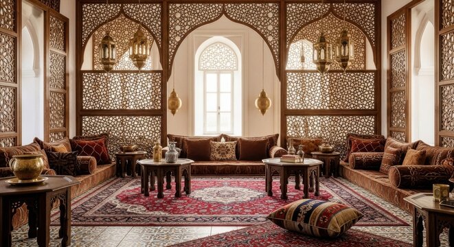 Elegant middle eastern living room with ornate wood paneling and red persian rugs
