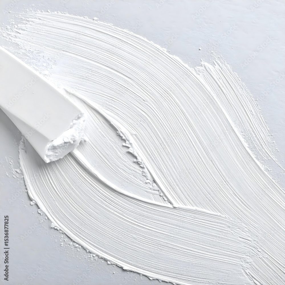 Poster heavily textured white surface with abstract, sweeping brushstrokes creates a monochromatic and tact
