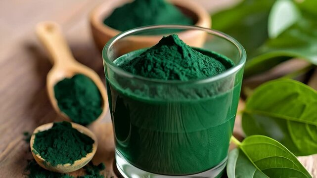 Vibrant green spirulina powder in a glass with wooden bowls and spoons on a rustic wooden surface with green leaves, showcasing a healthy and organic lifestyle.