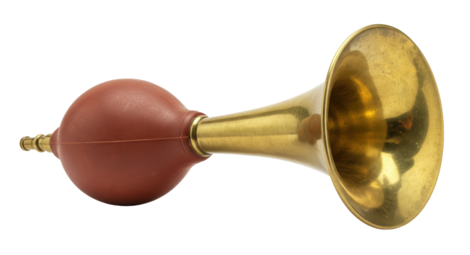 Isolated Vintage Brass Bulb Horn with Rubber Squeeze