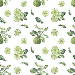Seamless pattern with watercolor botanical illustrations of bergamot fruit and leaves, isolated on transparent background. For fabric, home textile, gift paper, cafe decoration, and more