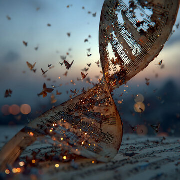 Molecular DNA strand made of music notes with butterflies flying around symbolizes biotech and biology technology in creative scene