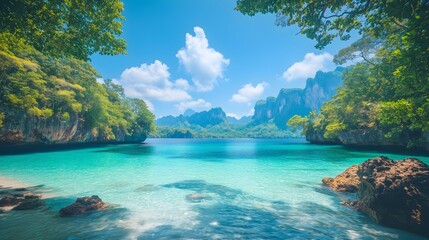 Fototapeta premium Secluded tropical beach with clear waters and lush green surroundings in the Andaman Islands