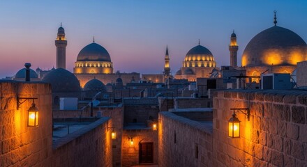 Evening view of historic middle eastern architecture with illuminated lamps