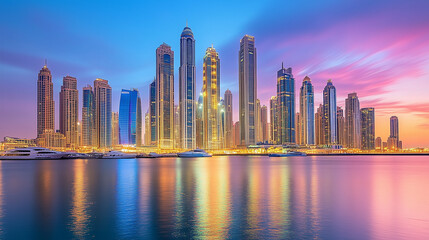 Urban Harbour Night Skyline with Skyscrapers and Neon Reflections