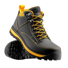 These durable hiking boots feature a sleek black exterior with vibrant yellow accents, designed for outdoor activities