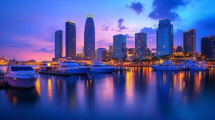 Fototapeta premium Urban Harbour Night Skyline with Skyscrapers and Neon Reflections