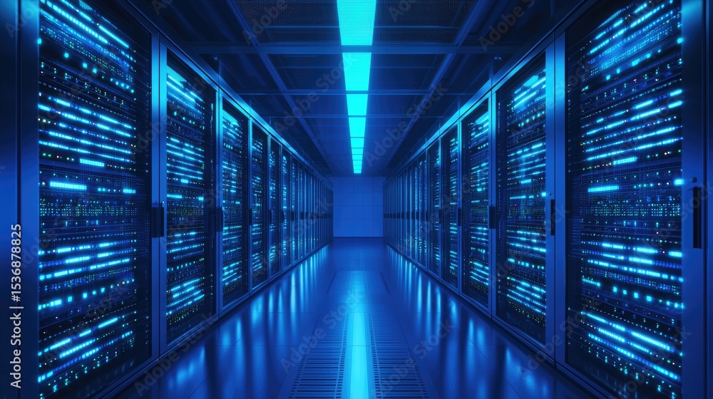 Poster High tech server corridor with glowing blue lights and symmetrical data racks, ideal for cloud computing, digital infrastructure, and cybersecurity technology visuals