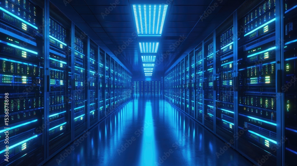 Poster Futuristic server room with glowing blue LED lights, showcasing symmetrical rows of data center racks and advanced technology for cloud storage, cybersecurity, and infrastructure visuals
