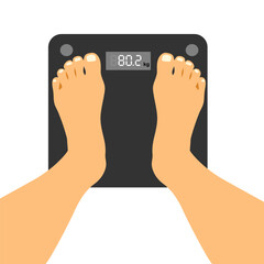 Feet on weighing scales top view. Floor scales for weighing body weight. Control of the weight, diet. Body weight loss or gain. Weight gain after quarantine