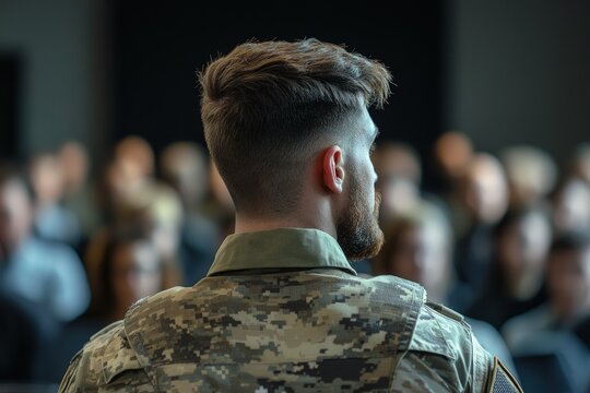 Person in military uniform, listening attentively