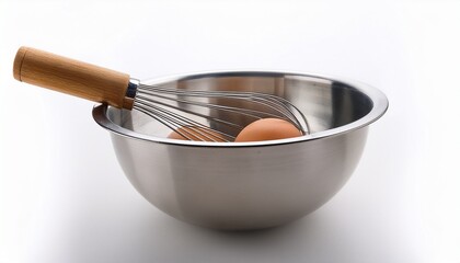egg stainless steel bowl with wooden rim and whisker kitchen utensil on white background