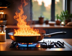 fiery flame rising from a frying pan on a gas stove in a cozy kitchen