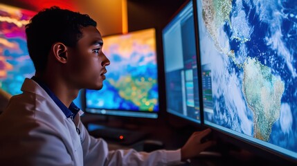 Climate scientist analyzing digital maps to track weather and environmental changes.