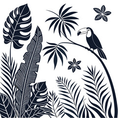Tropical Jungle Vector Illustration with Toucan Bird and Exotic Leaves &ndash; Monstera, Palm, Banana Foliage Silhouette.