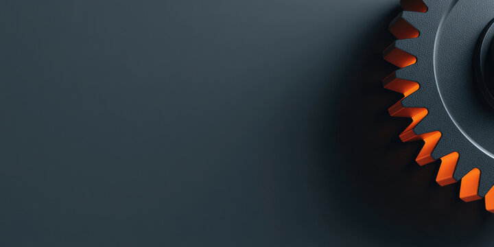 Creative Abstract Industrial Background: Minimalist Gear Icon in Cinema4D Style with Octane Rendering. 3D Design on Dark Gray Matte Surface, Orange Light Beam. Black Cubist Illustration Radiating Indu