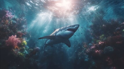 Obraz premium Great white shark gliding through vibrant coral reef in clear blue underwater habitat during daylight hours