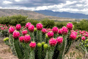 Obraz premium Colorful dragon fruit cactus growing in a scenic landscape
