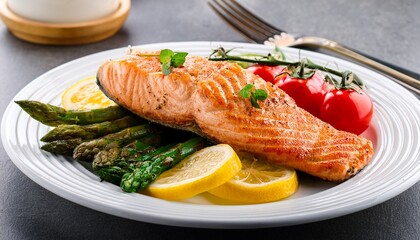 fried salmon steak with cooked green asparagus cherry tomatoes and lemon slices served on white plate