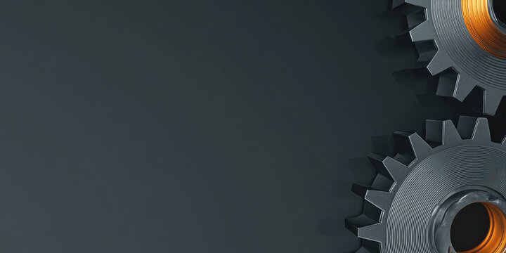 Creative Abstract Industrial Background: Minimalist Gear Icon in Cinema4D Style with Octane Rendering. 3D Design on Dark Gray Matte Surface, Orange Light Beam. Black Cubist Illustration Radiating Indu