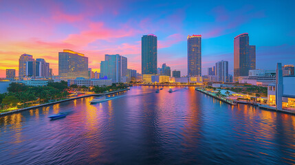 Fototapeta premium Urban Harbour Night Skyline with Skyscrapers and Neon Reflections