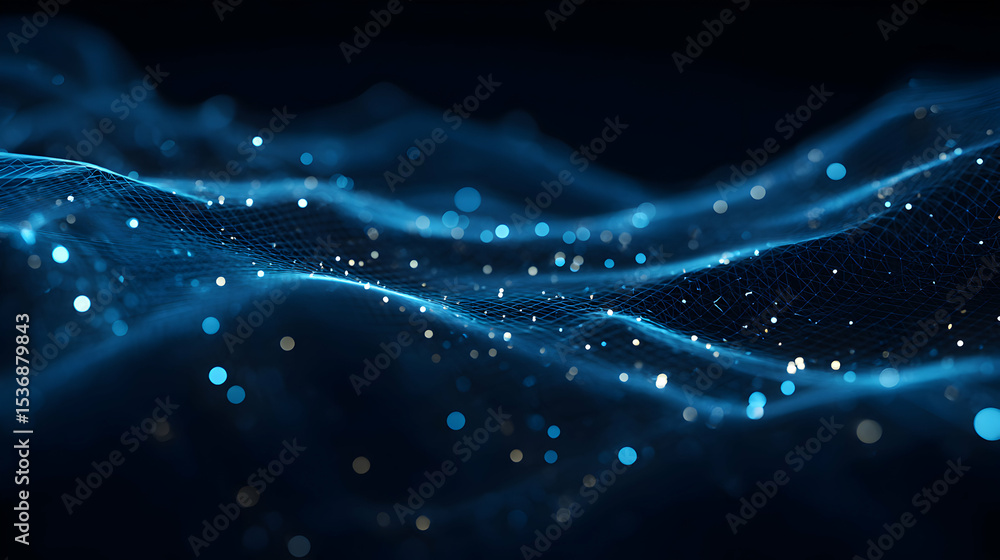 Poster abstract dark blue background depicting a digital network with light particles representing data flo