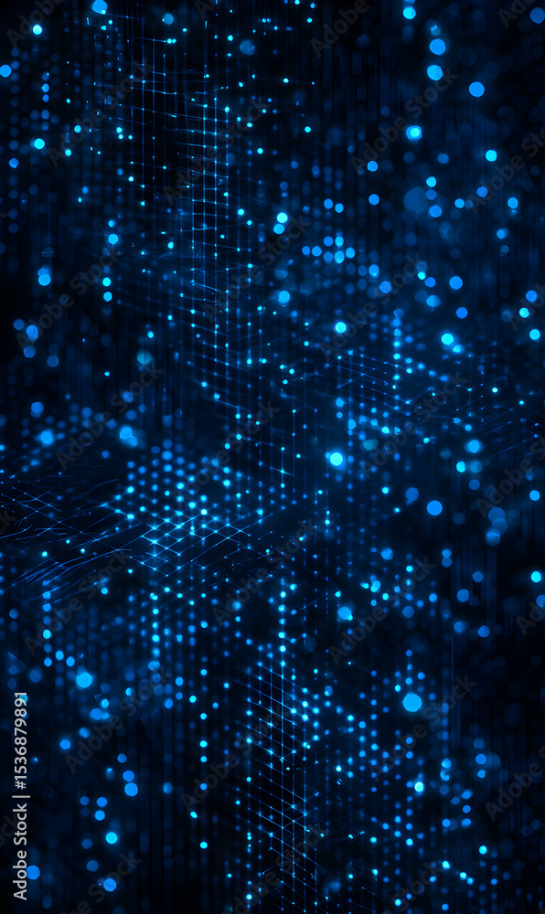 Poster blue glowing particle grid creating a digital abstract background with technological depth feeling d
