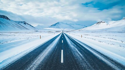 Long straight road in a snow-covered winter landscape with mountains and cloudy sky

