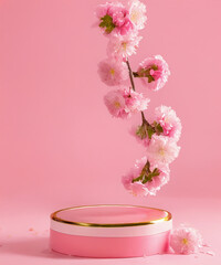 pink podium display. Sakura pink flower falling. Cosmetic or beauty product promotion step floral, pastel pedestal. Abstract minimal advertise.