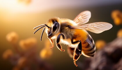 honey bee in flight detailed wings and furry body against soft backdrop