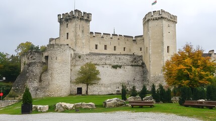 Majestic Medieval Castle Exterior with Autumn Trees