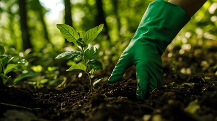 Hand planting small green plant in soil in forest with gardening gloves

