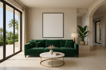 Fototapeta premium Modern living room with green velvet sofa and mockup poster