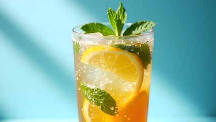 Fototapeta premium Close-Up of Chilled Lemon Ice Tea with Mint and Citrus Slices Against Blue Background
