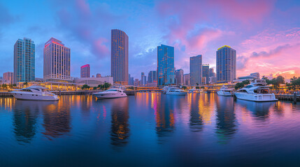 Fototapeta premium Urban Harbour Night Skyline with Skyscrapers and Neon Reflections
