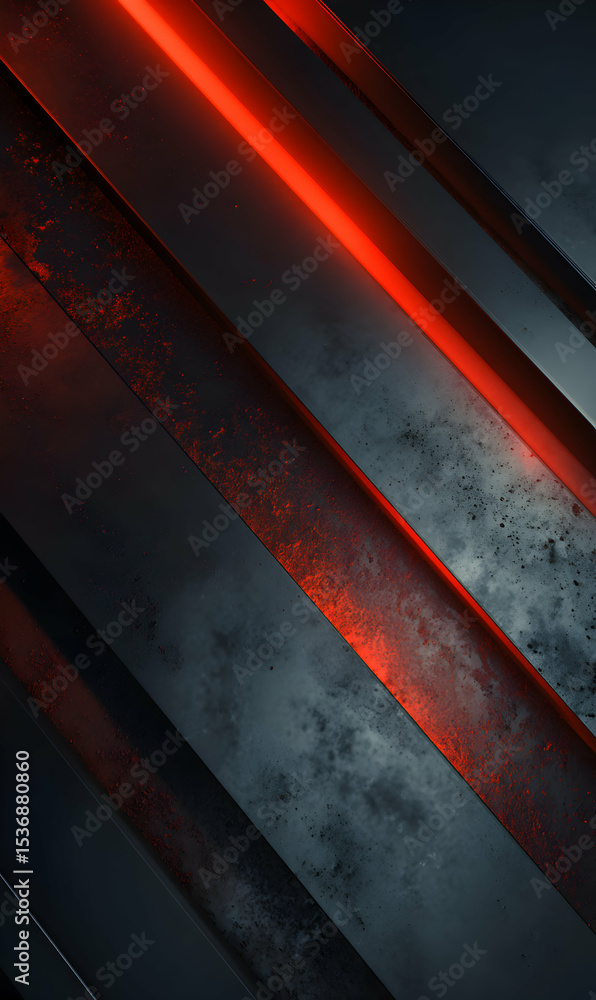 Poster Abstract rendering of metallic lines and textures with luminous red highlights creating dynamic visuals and depth