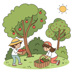  Dos niños recolectando frutas en un huerto con árboles de manzanas. El cielo está despejado y el sol brilla, creando una escena alegre y natural.

