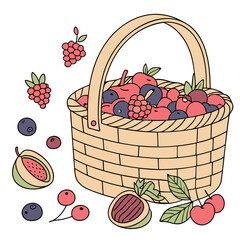  Una canasta tejida llena de frutas variadas como manzanas, cerezas, ciruelas y bayas. Alrededor hay frutas sueltas decorando la composición sobre fondo blanco.
