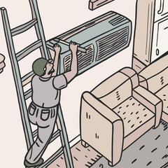  Un técnico de mantenimiento en una escalera trabaja arreglando una unidad de aire acondicionado montada en la pared interior de una sala.
