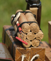 Battlefield demolition explosives on display.