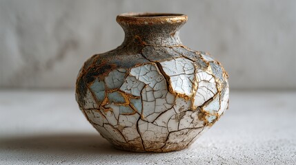 Cracked ceramic vase on white surface, elegant broken pottery, minimalist still life, fragile beauty
