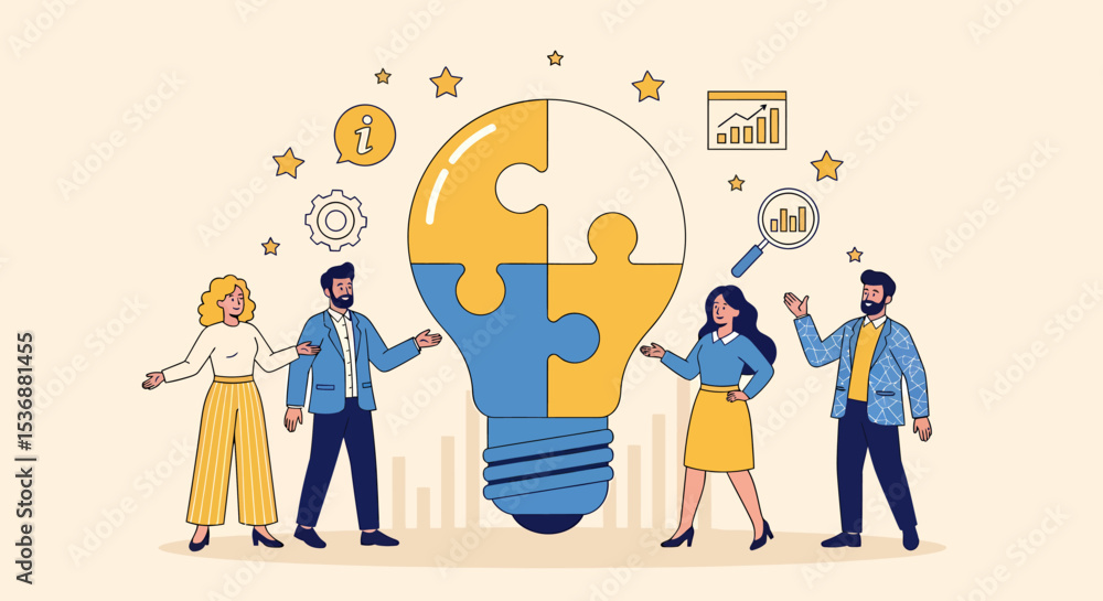 Aufkleber teamwork solving business problems with lightbulb puzzle solution illustration